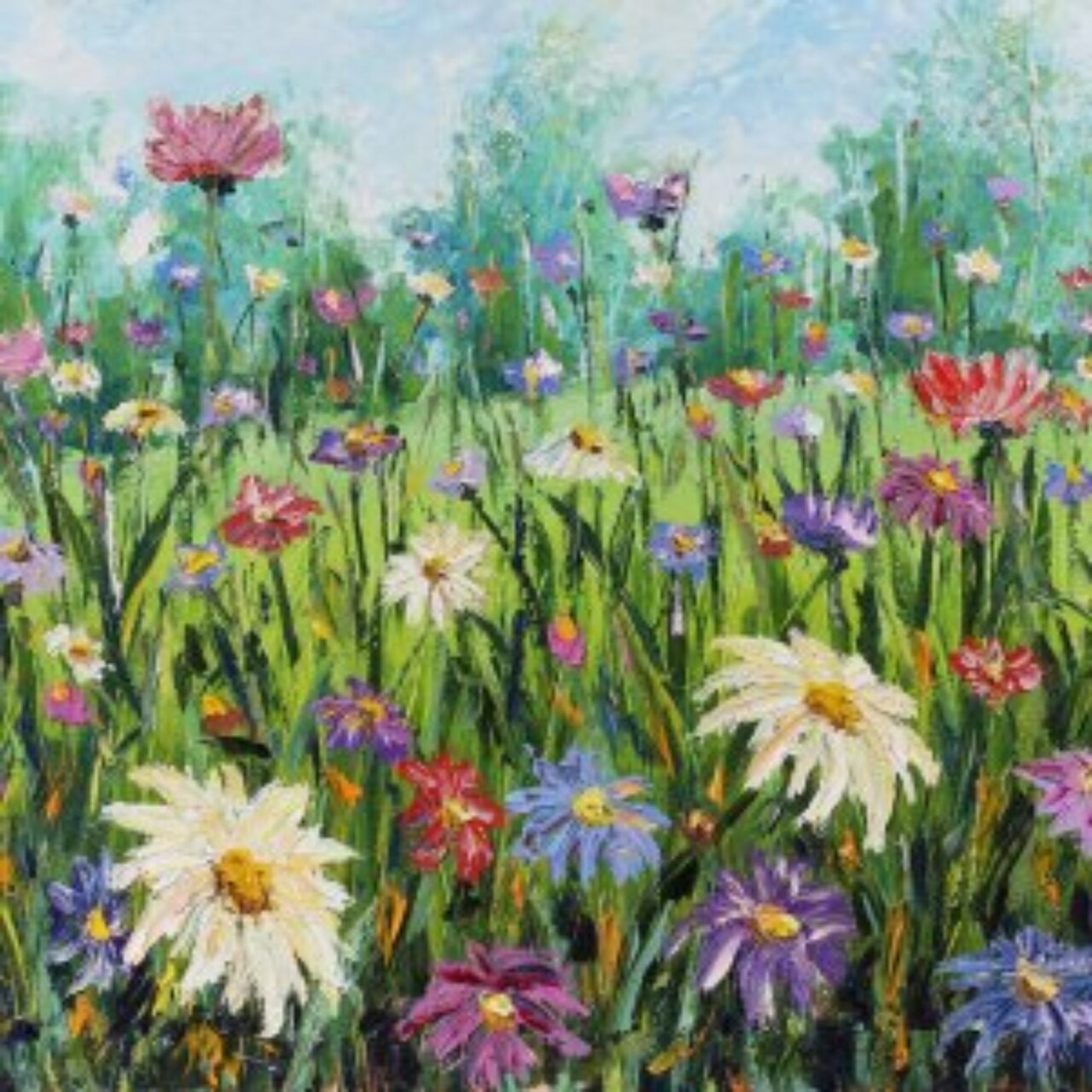 Outdoor Living and Style Purple and Red Daisy Day Outdoor Canvas Square Wall Art Decor 24" x 24"